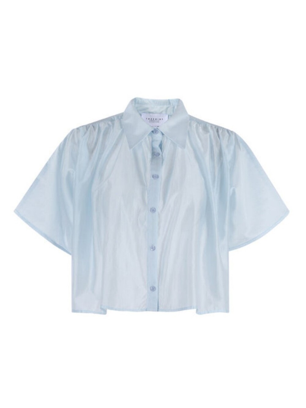 The Shirt by Rochelle Behrens Light Blue Short-Sleeve Button Front Blouse